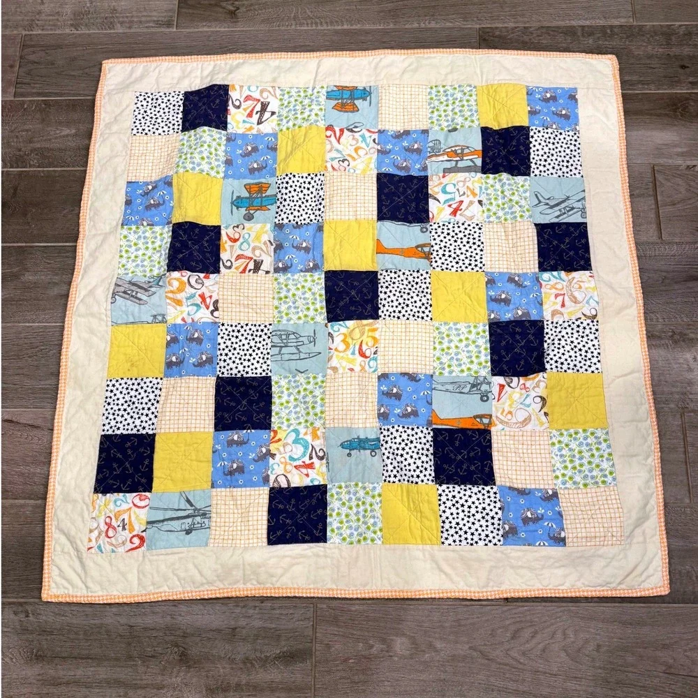 Handmade Baby Quilt Airplane Aviation Patchwork Minky Backing 40x39 Nursery